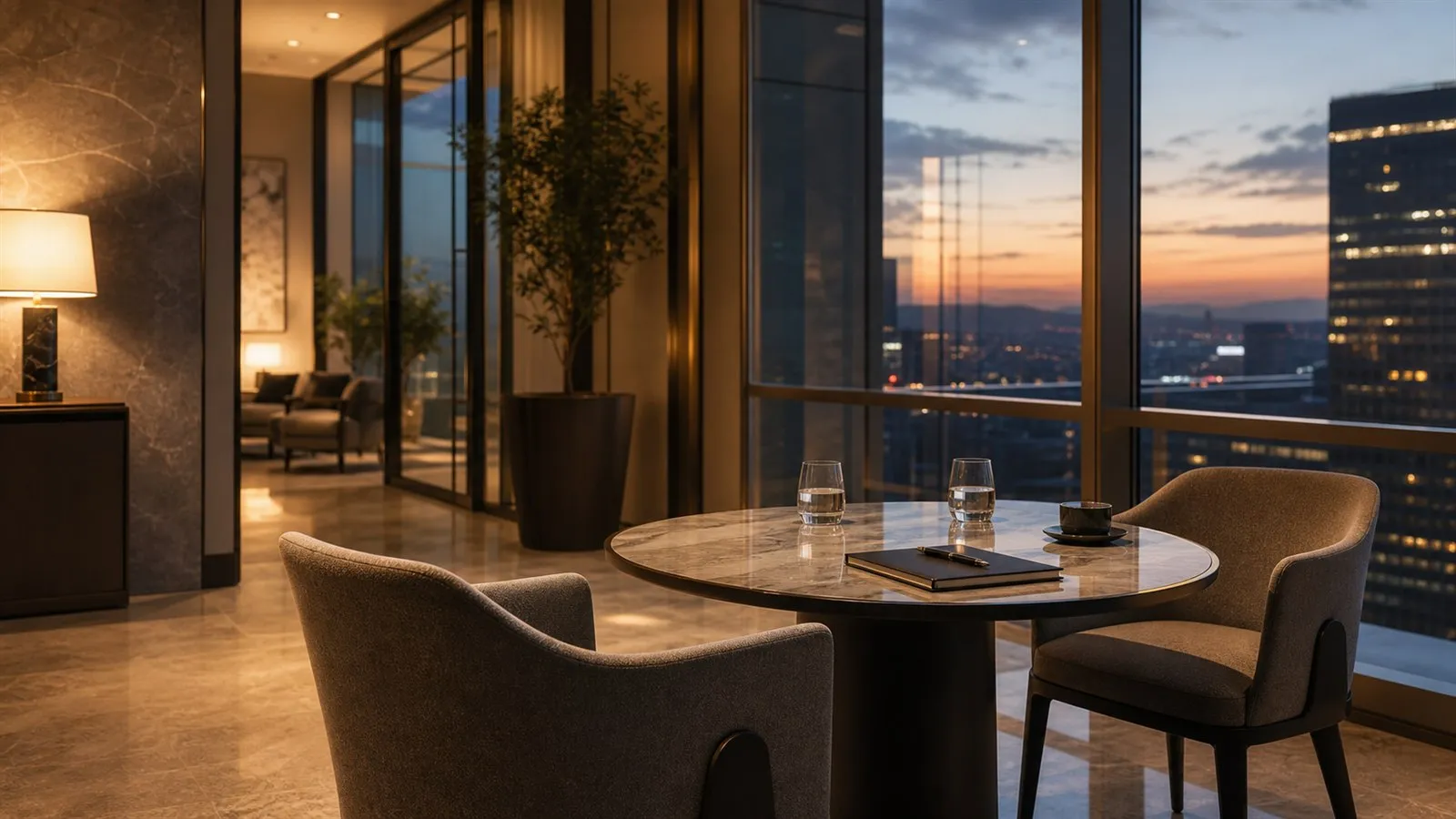 Welcoming consultation table for two beside a dusk window in a warm modern office.